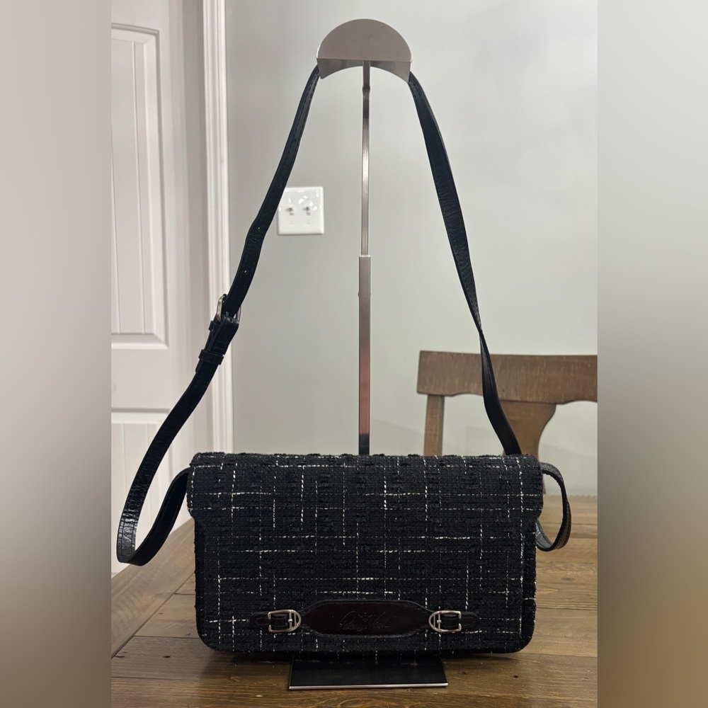 Patricia Nash Black Tweed Crossbody Bag with Leather Accents